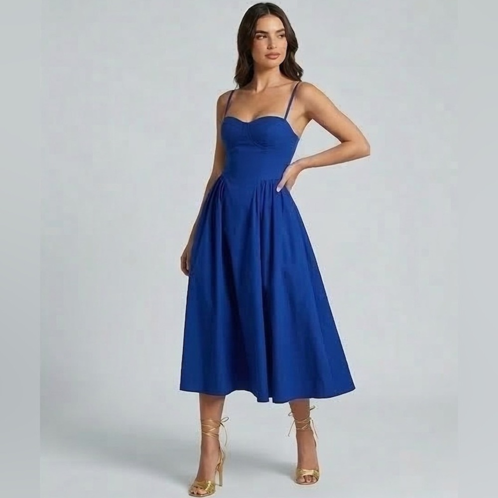 Elegant Corset-Style Midi Dress in Blue - Picture 4 of 6